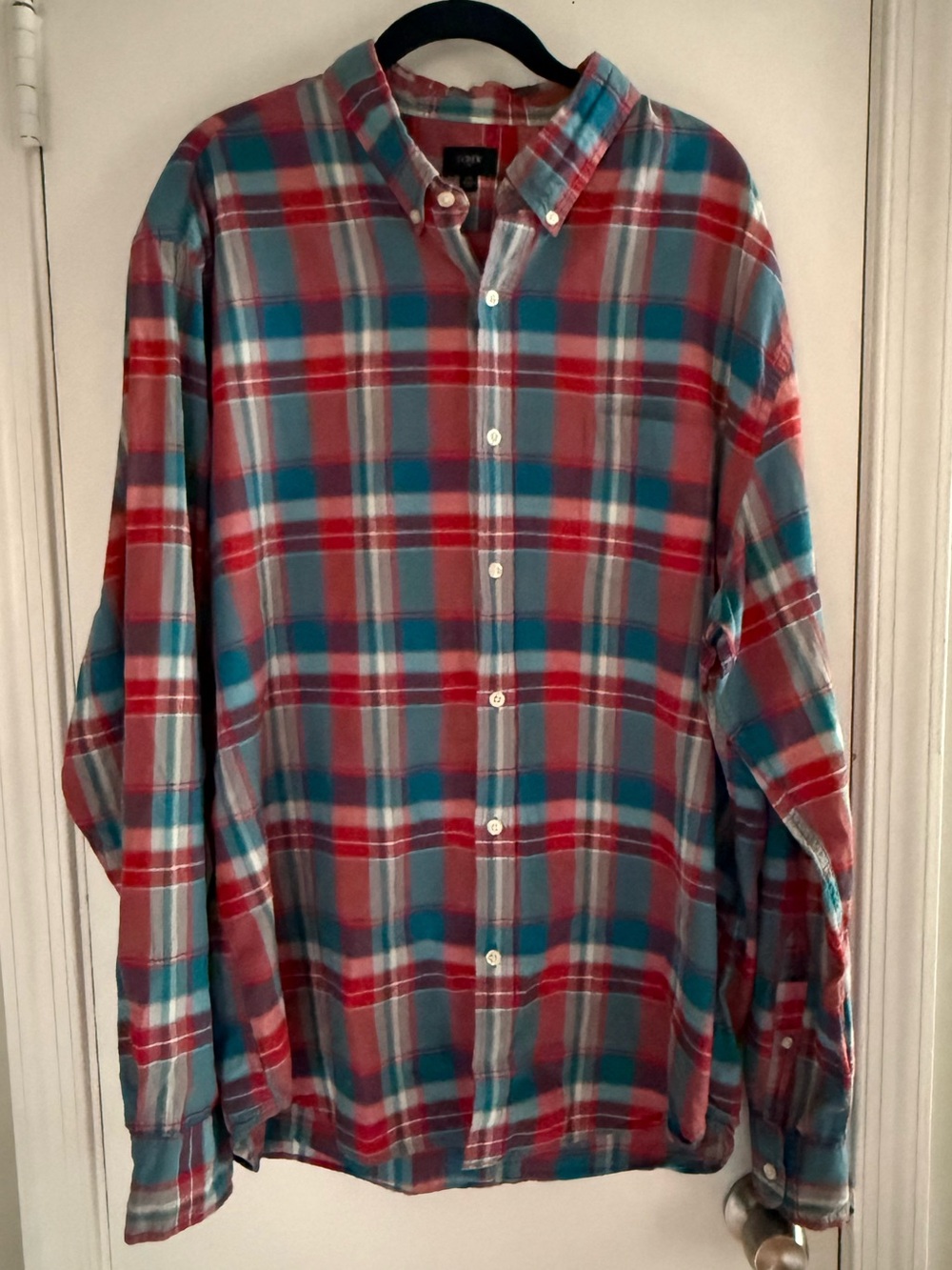 J. Crew Men's Plaid Button-Down 100% Cotton Shirt - Red & Teal Size XXL